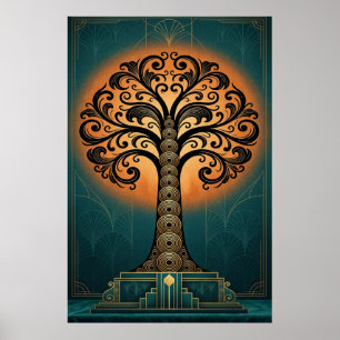 Póster Árbol Elegante Art Déco Silueta Dorado y Poste Tea