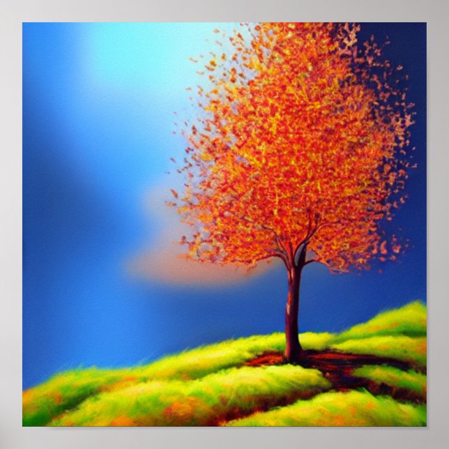 Póster Árbol en otoño en un Poster en la ladera de una co (Frente)