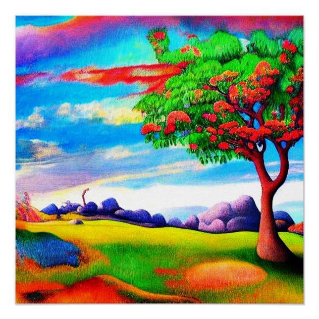 Póster Árbol en pradera rocosa (Anverso)