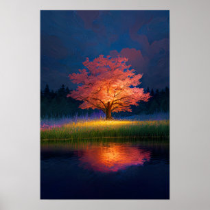 Póster Árbol encantador iluminado en rojo