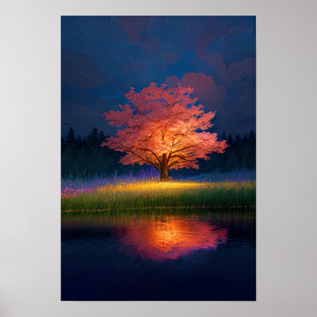 Póster Árbol encantador iluminado en rojo (Frente)
