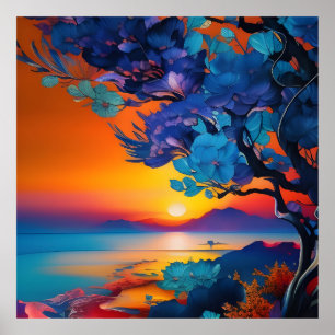 Póster Árbol floreciente en el lago al amanecer