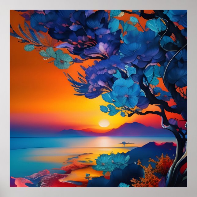 Póster Árbol floreciente en el lago al amanecer (Frente)
