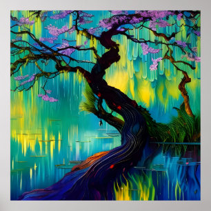 Póster árbol floreciente sobre el agua