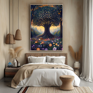 Póster Árbol forestal encantado en estilo puntillista