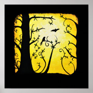 Póster Árbol giratorio amarillo veraniego con aves