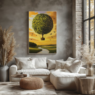Póster Árbol Globo Aerostático en Paisaje Sereno Sueño Su