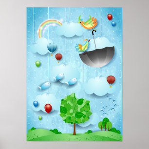 Póster Árbol grande y aves voladoras