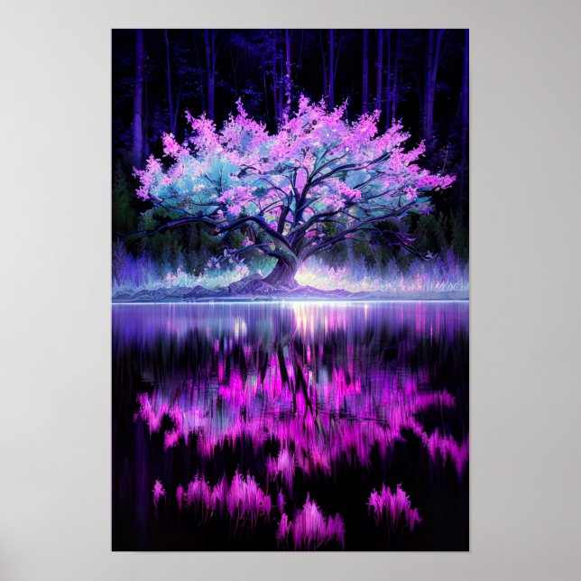 Póster Árbol iluminado por el encantador lago (Frente)
