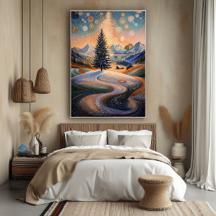 Póster Árbol invernal estrellado en estilo puntillista