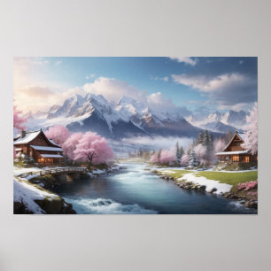 Póster Árbol japonés de sakura con vistas a la montaña