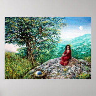 Póster ÁRBOL MÁGICO / Amanecer en Bosque Verde y Dama en