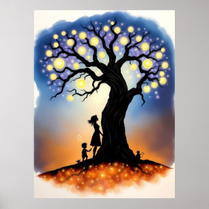 Póster Árbol mágico de luces con siluetas