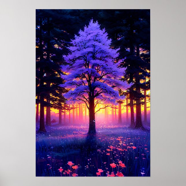 Póster Árbol majestuoso en el bosque con el encanto del a (Frente)
