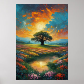 Póster Árbol majestuoso en el campo de las flores