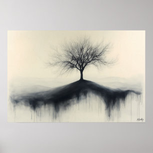 Póster Árbol minimalista en colina con sombras goteando