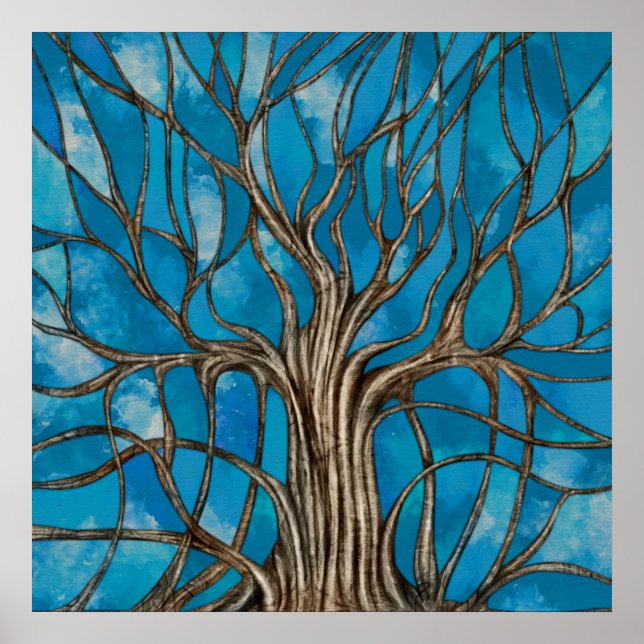 Póster Árbol místico de la vida Mosaico Azul acuarela (Frente)