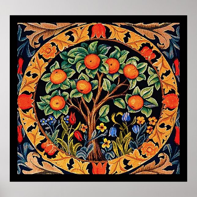 Póster ÁRBOL naranja CON HOJAS VERDES, FLORES (Frente)