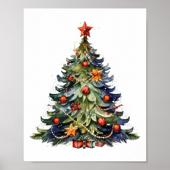 Póster Árbol navideño acuarela, regalos de Navidades (Frente)