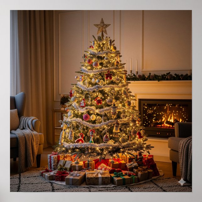 Póster Árbol navideño totalmente decorado (Frente)