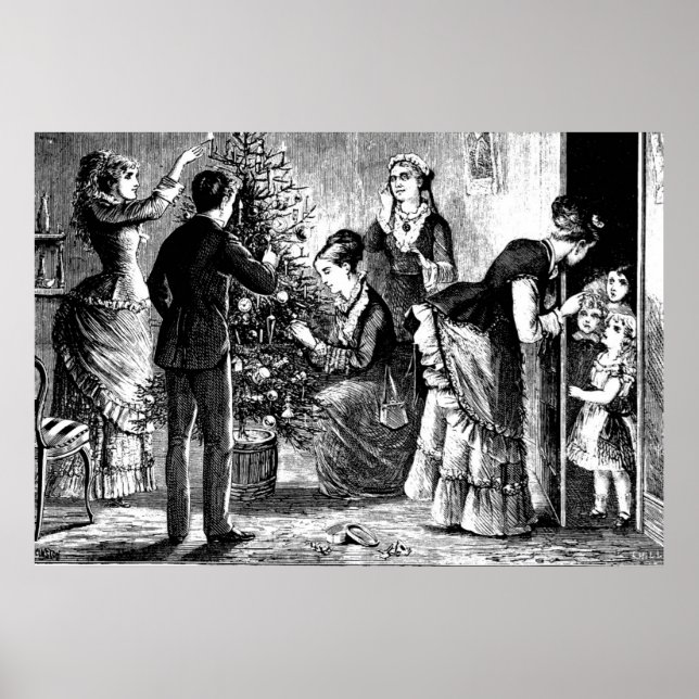Póster Árbol navideño vintage y esbozo familiar (Frente)