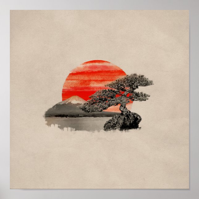 Póster Árbol Pino Bonsai - Fuji Sunset (Frente)