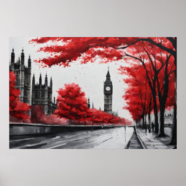 Póster Árbol rojo con Big Ben