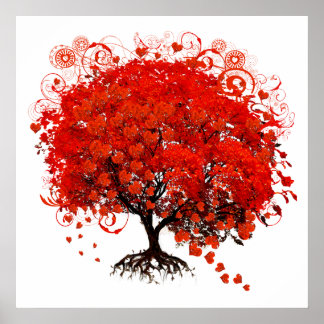 Póster Árbol rojo con hojas de corazón cayendo
