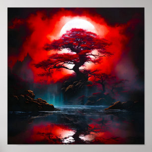 Póster Árbol Rojo Místico Bajo Luna Llena