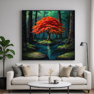 Póster Árbol rojo - Vibrante estilo de Ilustracion natura