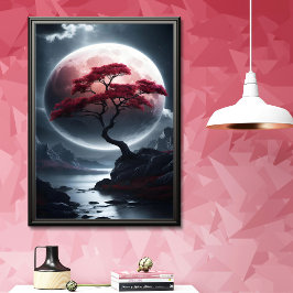 Póster Árbol rosa de estilo japonés místico