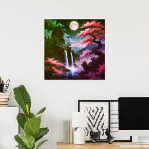 Póster Árbol Sakora-Cascada bajo la luz de la luna con fl