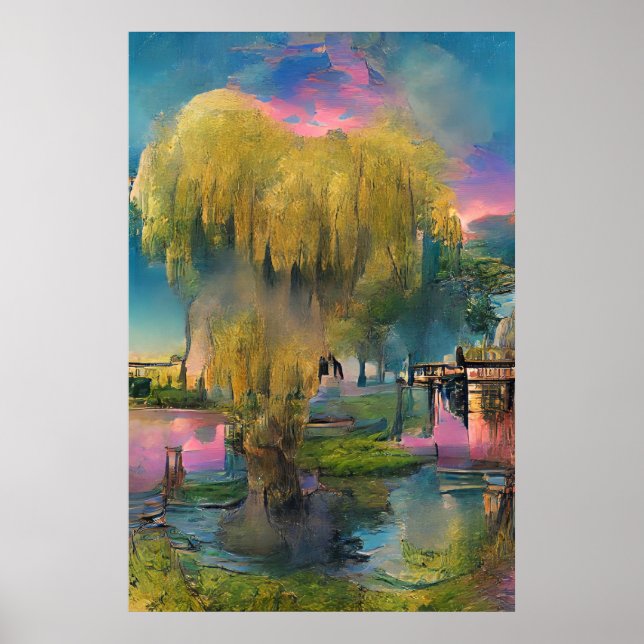 Póster Árbol salvaje al atardecer junto al estanque (Frente)