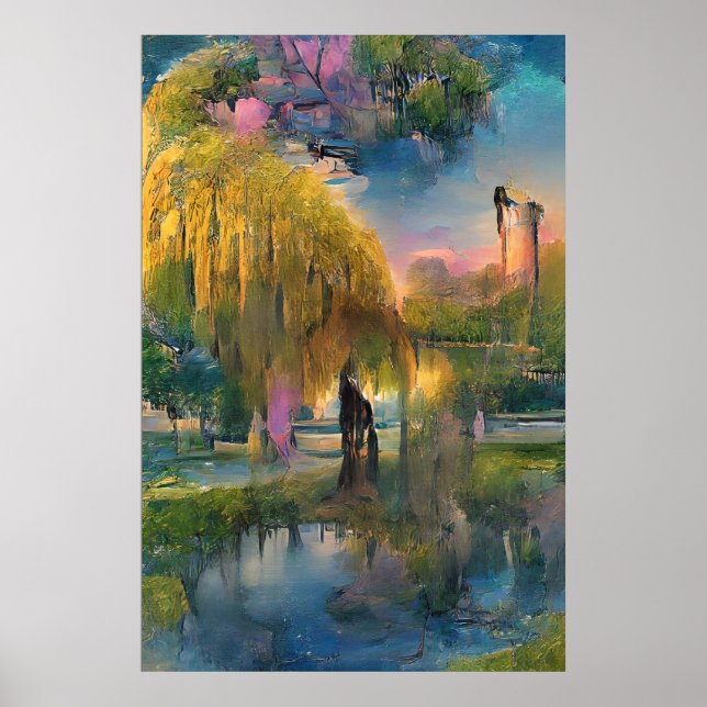Póster Árbol salvaje dorado al atardecer junto al estanqu (Frente)