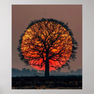 Póster Árbol solitario al atardecer