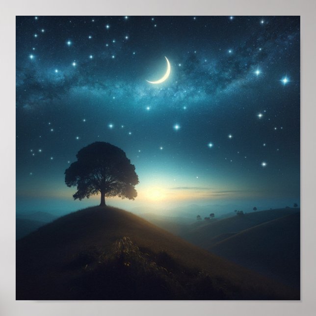 Póster Árbol solitario bajo noche estrellada (Frente)