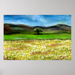 PÓSTER ÁRBOL SOLITARIO EN EL CAMPO DE FLORES AMARILLAS, T