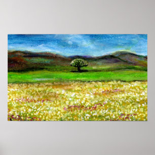 PÓSTER ÁRBOL SOLITARIO EN EL CAMPO DE FLORES AMARILLAS, T