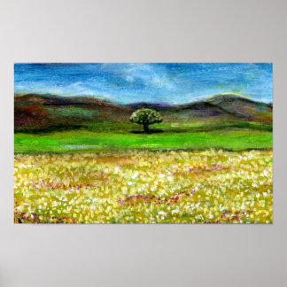 PÓSTER ÁRBOL SOLITARIO EN EL CAMPO DE FLORES AMARILLAS, T