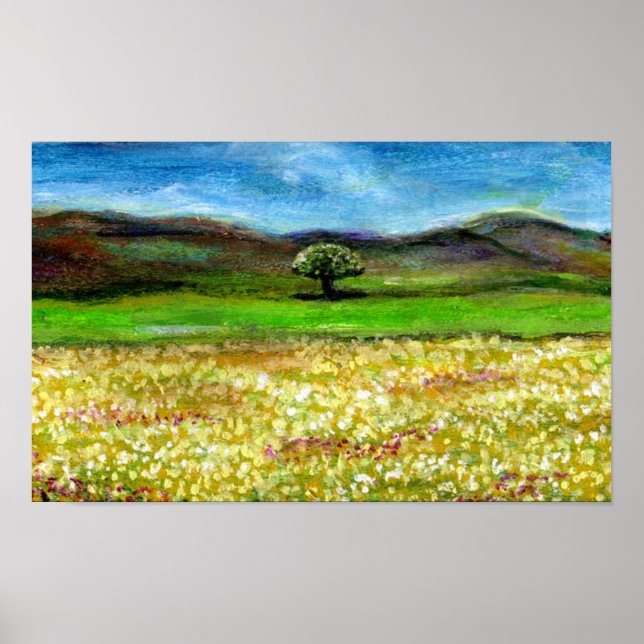 PÓSTER ÁRBOL SOLITARIO EN EL CAMPO DE FLORES AMARILLOS, T (Frente)