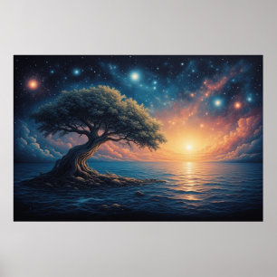 Póster Árbol Solitario en el Océano al Atardecer 🌅 Fanta