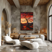 Árbol surrealista con relojes al atardecer – Surre