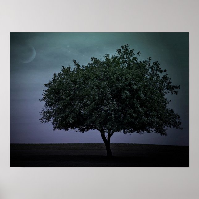 Póster árbol único con luna y estrellas (Frente)