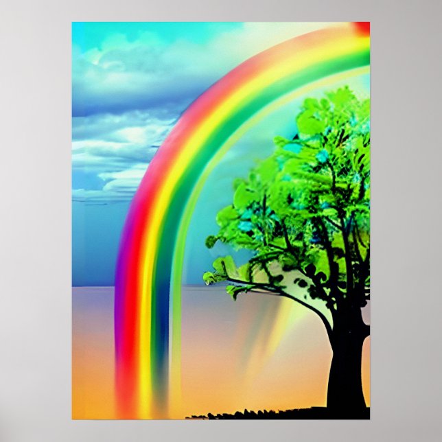 Póster Árbol verde bajo el arcoiris (Frente)