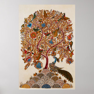 Póster Árbol vintage de Kalamkari con pavo real