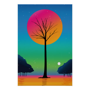 Póster Árbol vívido bajo un cielo de arcoíris cósmico