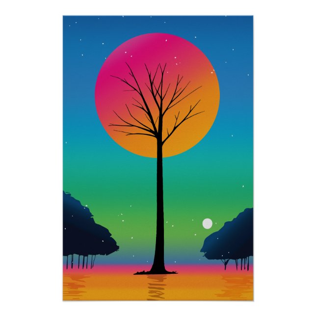 Póster Árbol vívido bajo un cielo de arcoíris cósmico (Anverso)