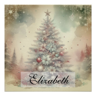 Póster Árbol y ornamentos navideños de color de agua vint