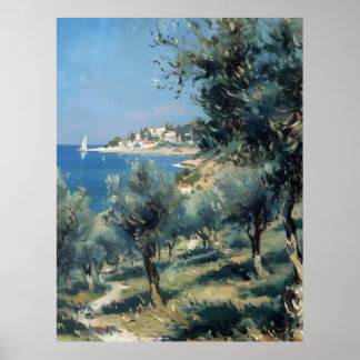 Póster Arboleda de olivos con pueblo costero y mar