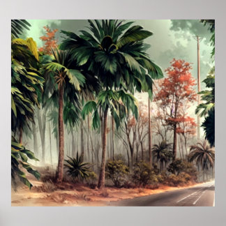 Póster Árboles a un lado de una carretera de campo